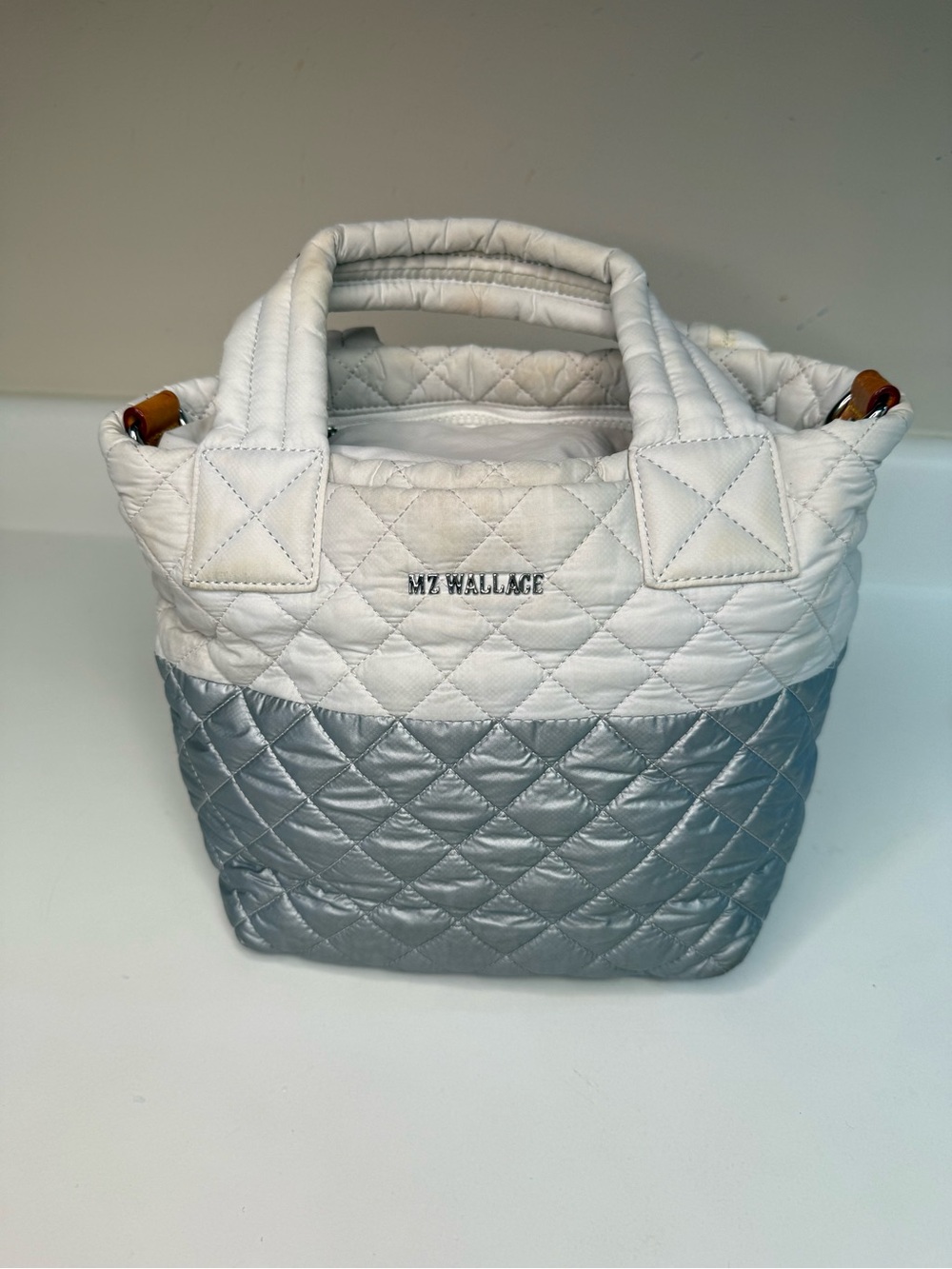 MZ Wallace Mini Metro Tote Deluxe White and Silver Two-Tone Tote no strap